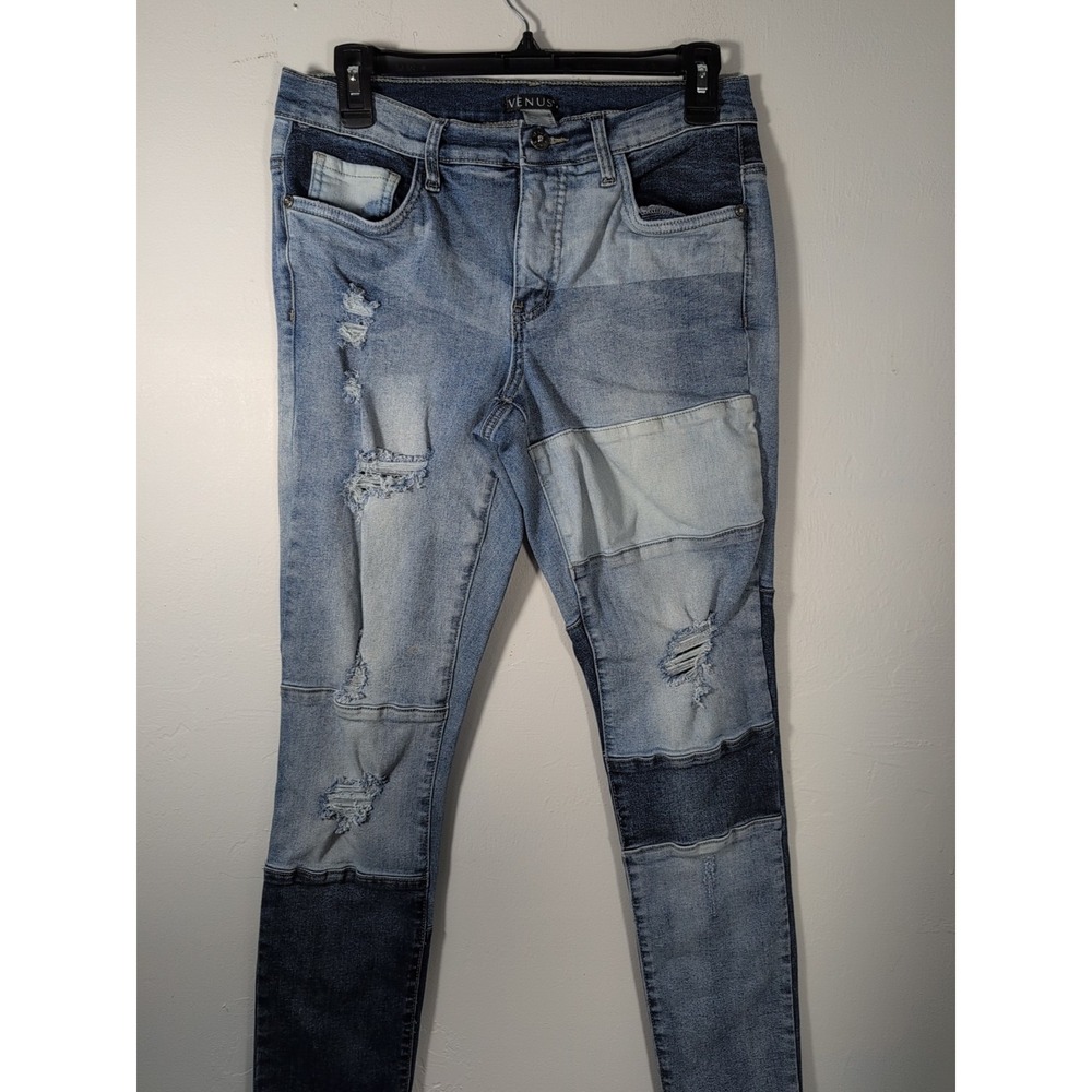 Venus womens dark medium light wash distressed patchwork skinny jeans‎ 8x30 EUC